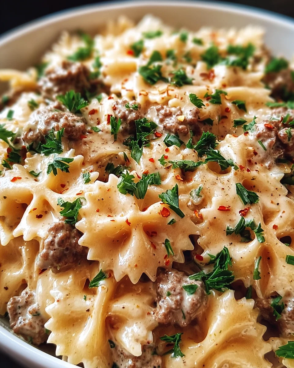 Beef and Bowtie Pasta with Alfredo Sauce
