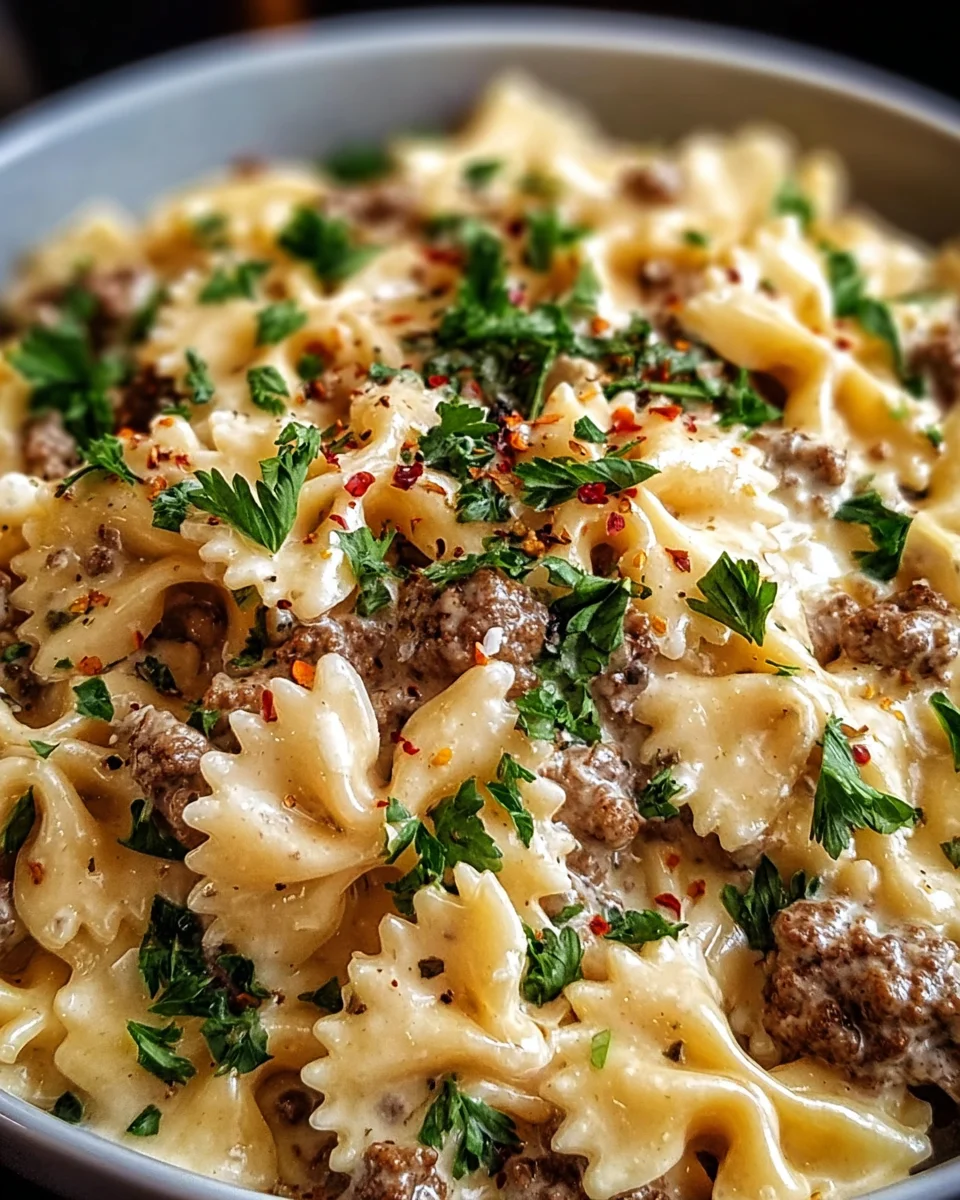 Beef and Bowtie Pasta with Alfredo Sauce 20 Beef