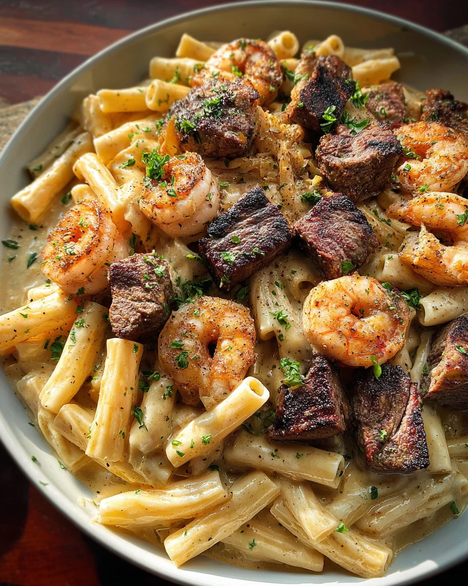 Blackened Steak and Shrimp Alfredo