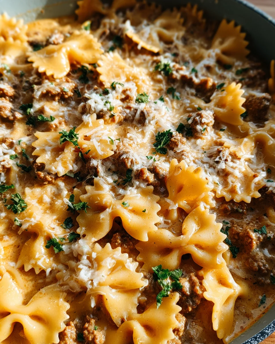 Cheesy Beef and Bowtie Pasta in Garlic Butter