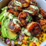 Grilled Shrimp Bowl with Avocado, Corn Salsa & Creamy Garlic Sauce 33 Grilled Shrimp Bowl with Avocado, Corn Salsa & Creamy Garlic Sauce