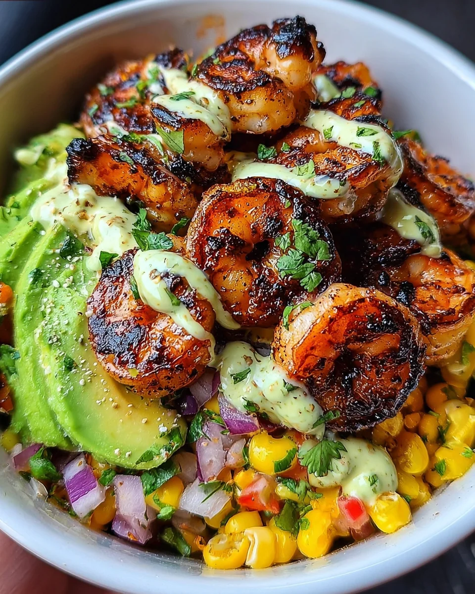 Grilled Shrimp Bowl with Avocado, Corn Salsa & Creamy Garlic Sauce