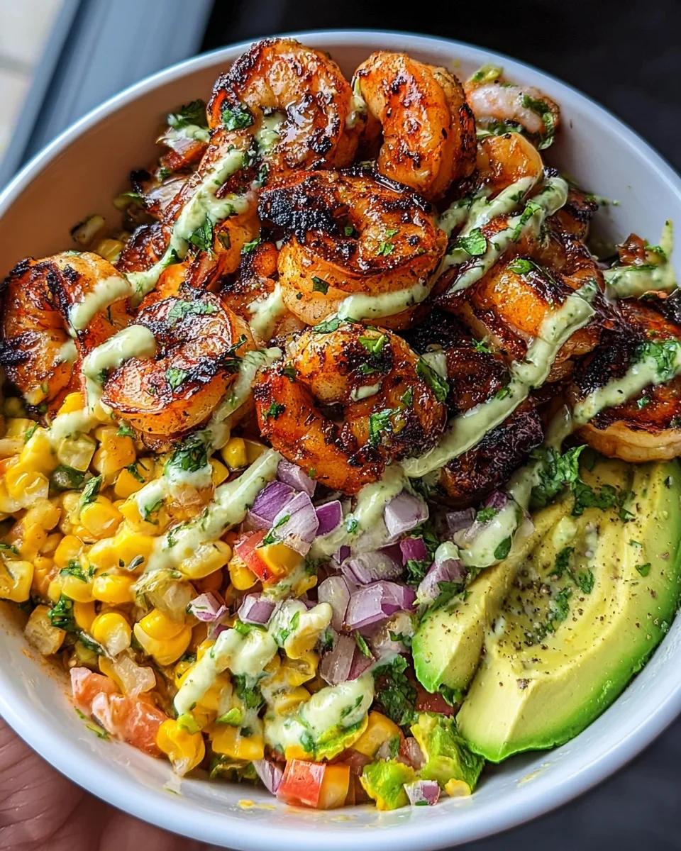 Grilled Shrimp Bowl with Avocado, Corn Salsa & Creamy Garlic Sauce 32 Grilled