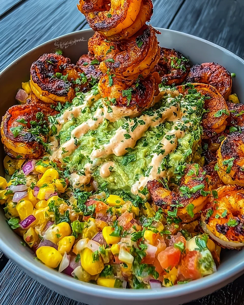 Grilled Shrimp Bowl with Avocado, Corn Salsa & Creamy Sauce