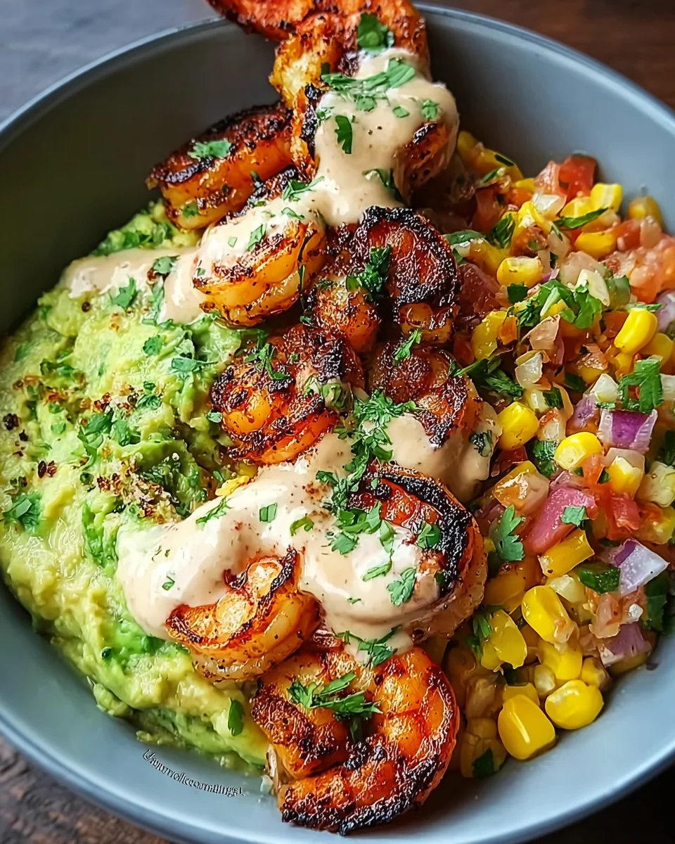 Grilled Shrimp Bowl with Avocado, Corn Salsa & Creamy Sauce 32 Grilled