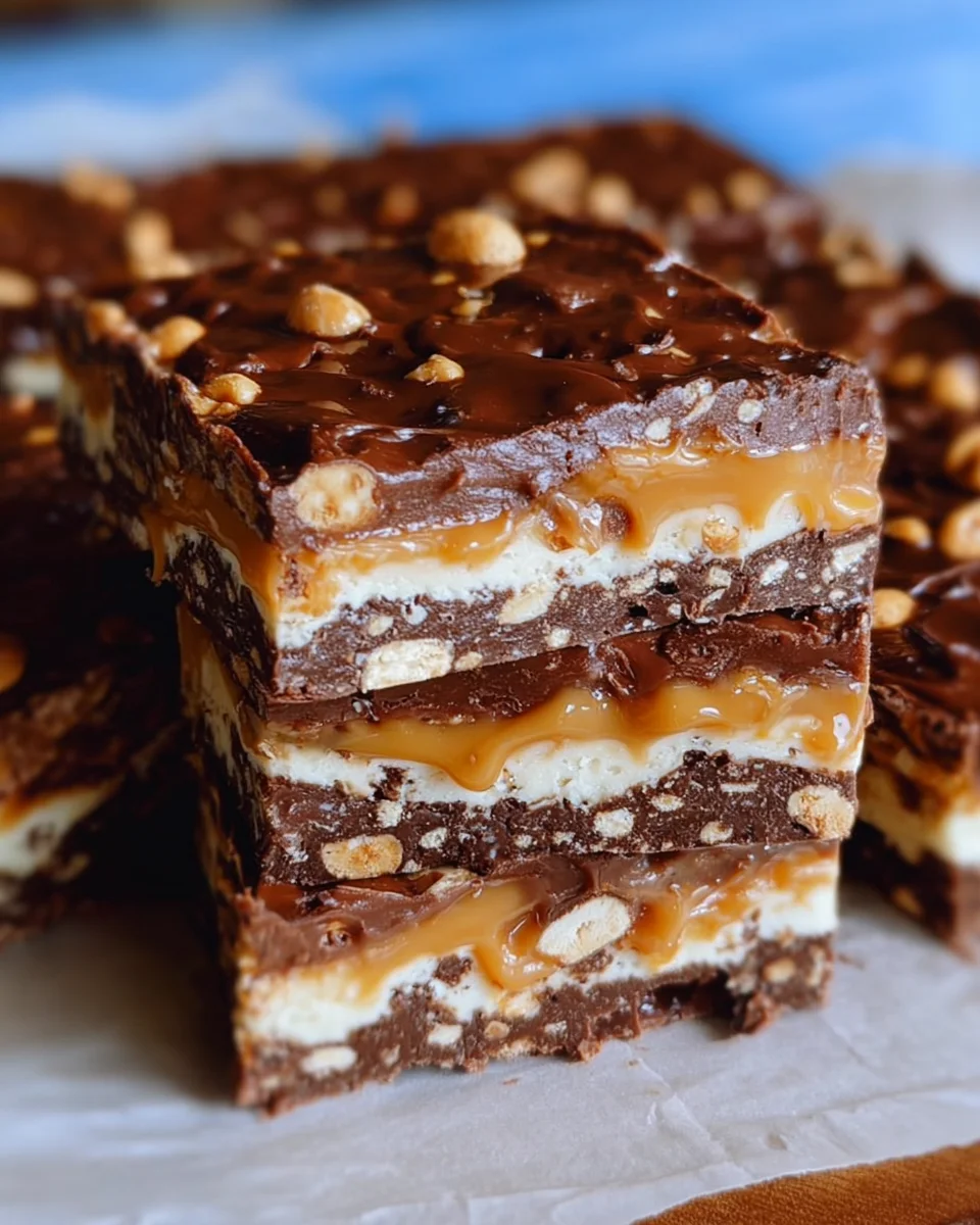 No Bake Crispy Snickers Bars