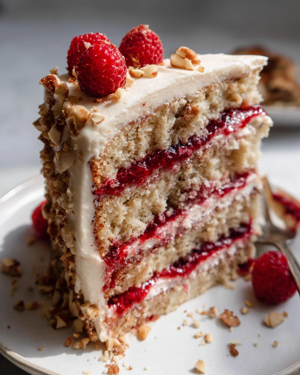 One Bowl Vegan Almond Raspberry Cake with Cream Cheese Frosting