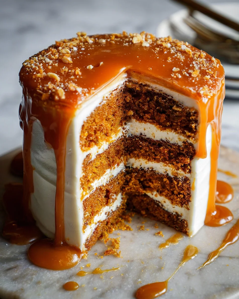 Pumpkin Cake with Cream Cheese Frosting and Salted Caramel Drizzle