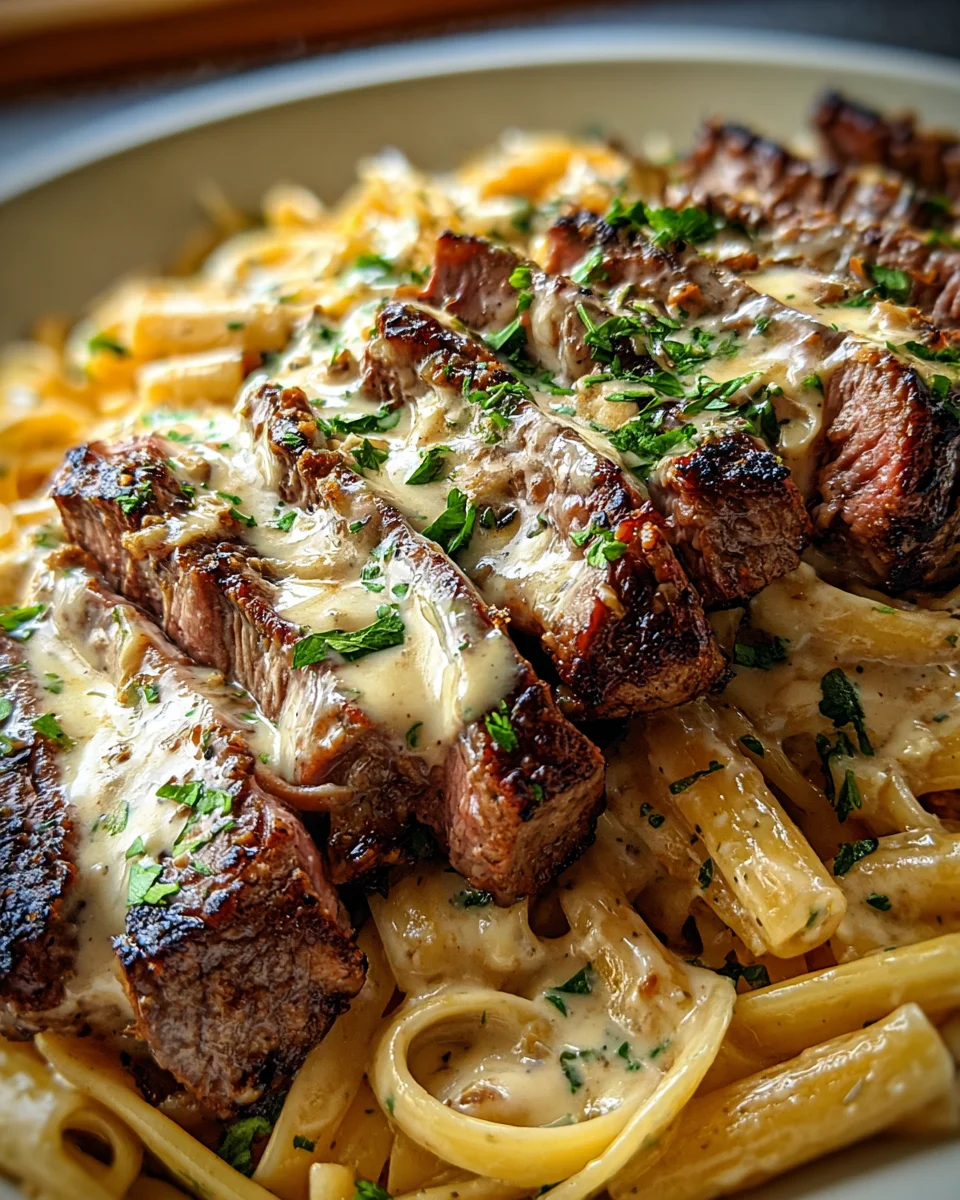 Steak and Creamy Garlic Parmesan Pasta
