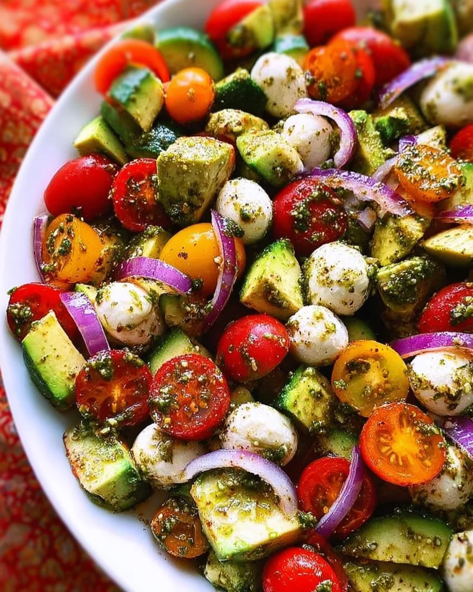 Tomato Cucumber Avocado Salad with Mozzarella and Basil Pesto