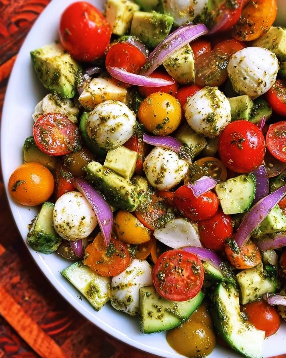 Tomato Cucumber Avocado Salad with Mozzarella and Basil Pesto 17 Tomato