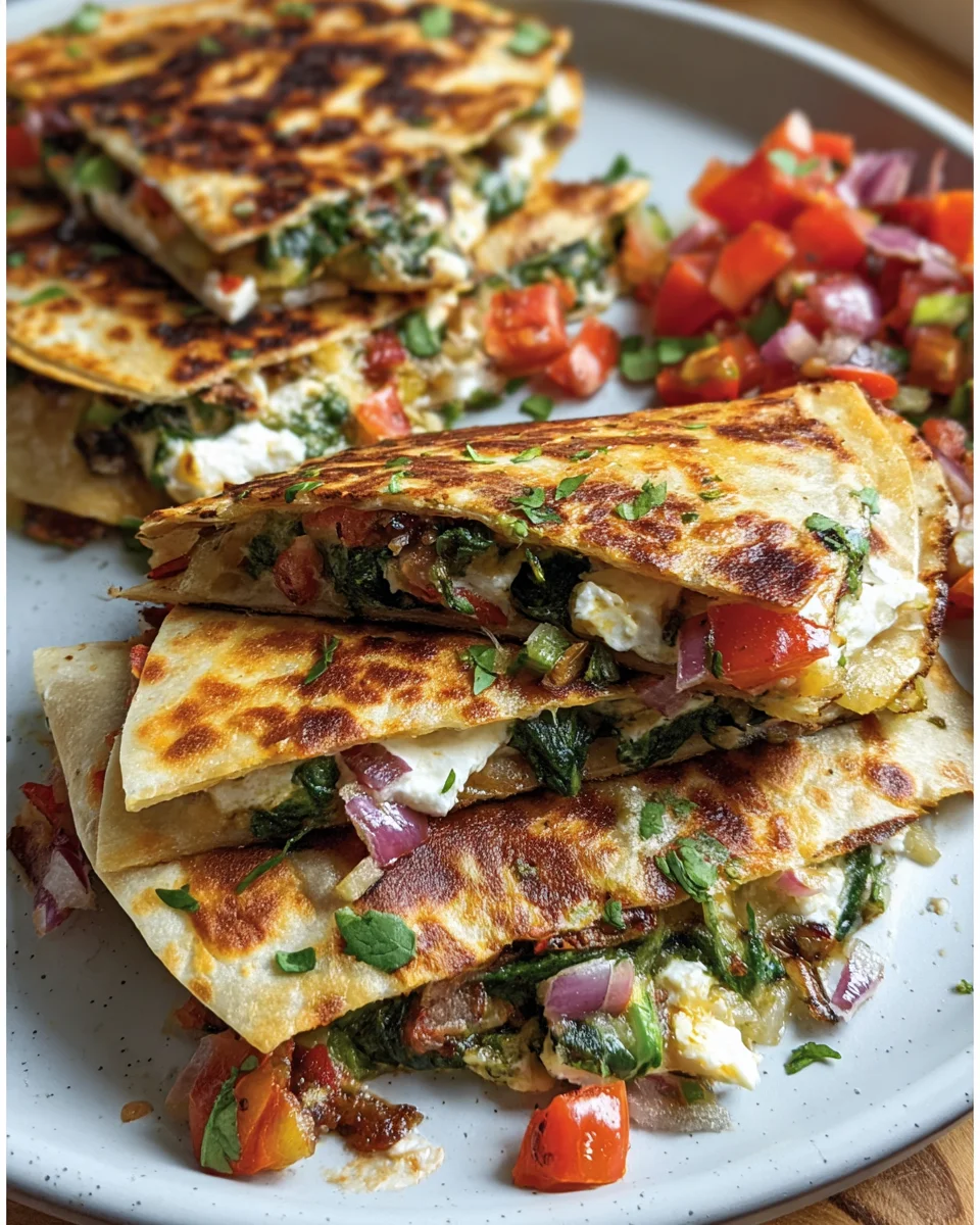 Mediterranean Quesadillas with Spinach, Feta, Mozzarella, and Red Onion